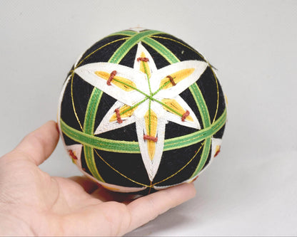 Hand-Embroidered Japanese Temari Ball Folk Art held in a hand to show size