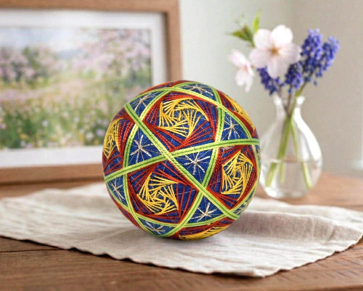 Hand-Embroidered Japanese Temari Ball styled in a modern interior setting