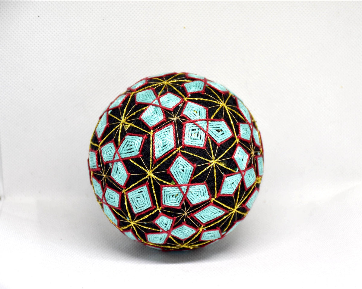 Hand-Embroidered Japanese Temari Ball Folk Art table scatter showing geometric thread pattern