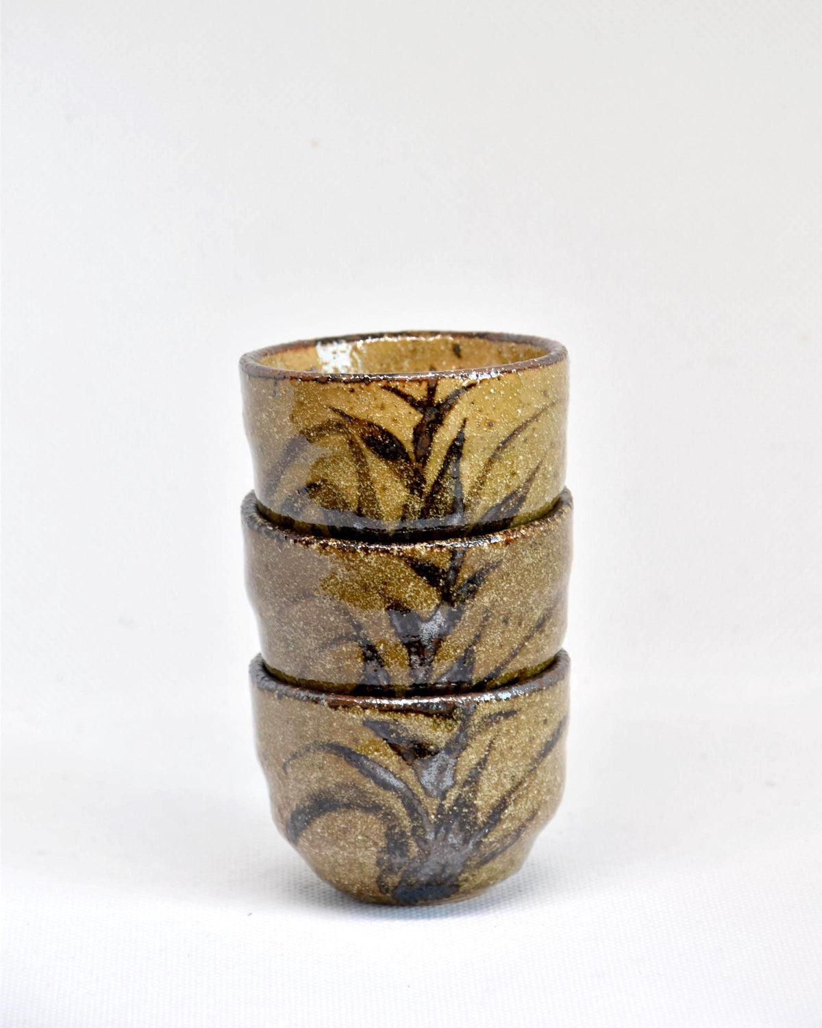Karatsu ware guinomi sake cup set, three ceramic cups stacked vertically
