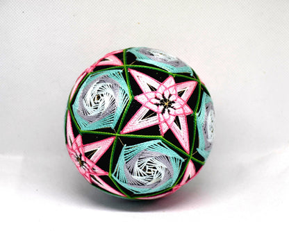 Hand-Embroidered Japanese Temari Ball Folk Art showing side pattern detail