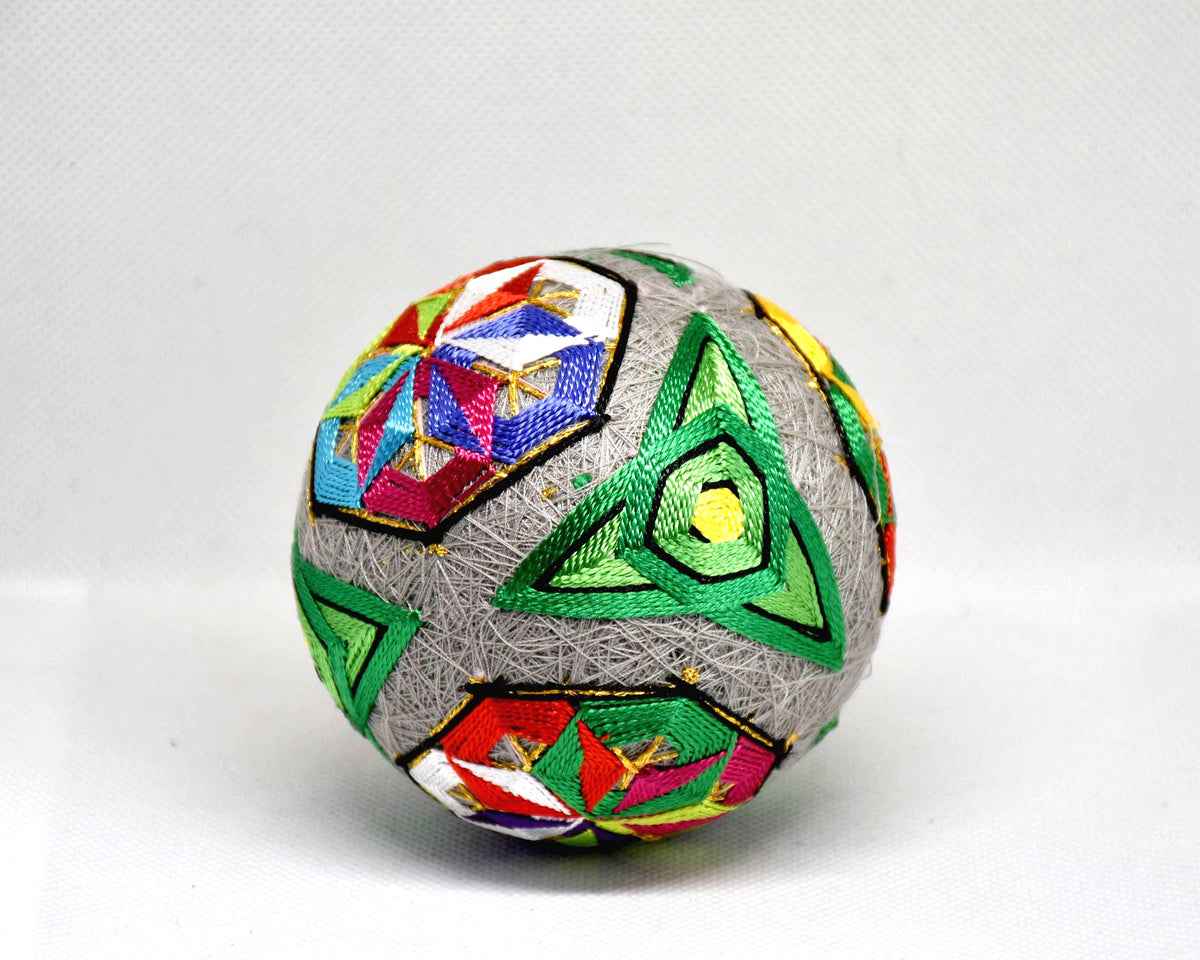 Hand-Embroidered Japanese Temari Ball Folk Art pattern detail showing geometric colorful panels