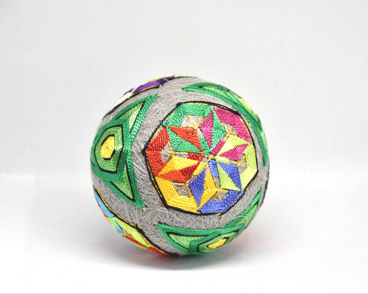 Hand-Embroidered Japanese Temari Ball Folk Art pattern detail showing purple and white accents