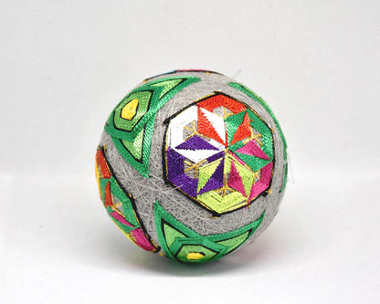 Hand-Embroidered Japanese Temari Ball Folk Art pattern detail showing blue and red motifs
