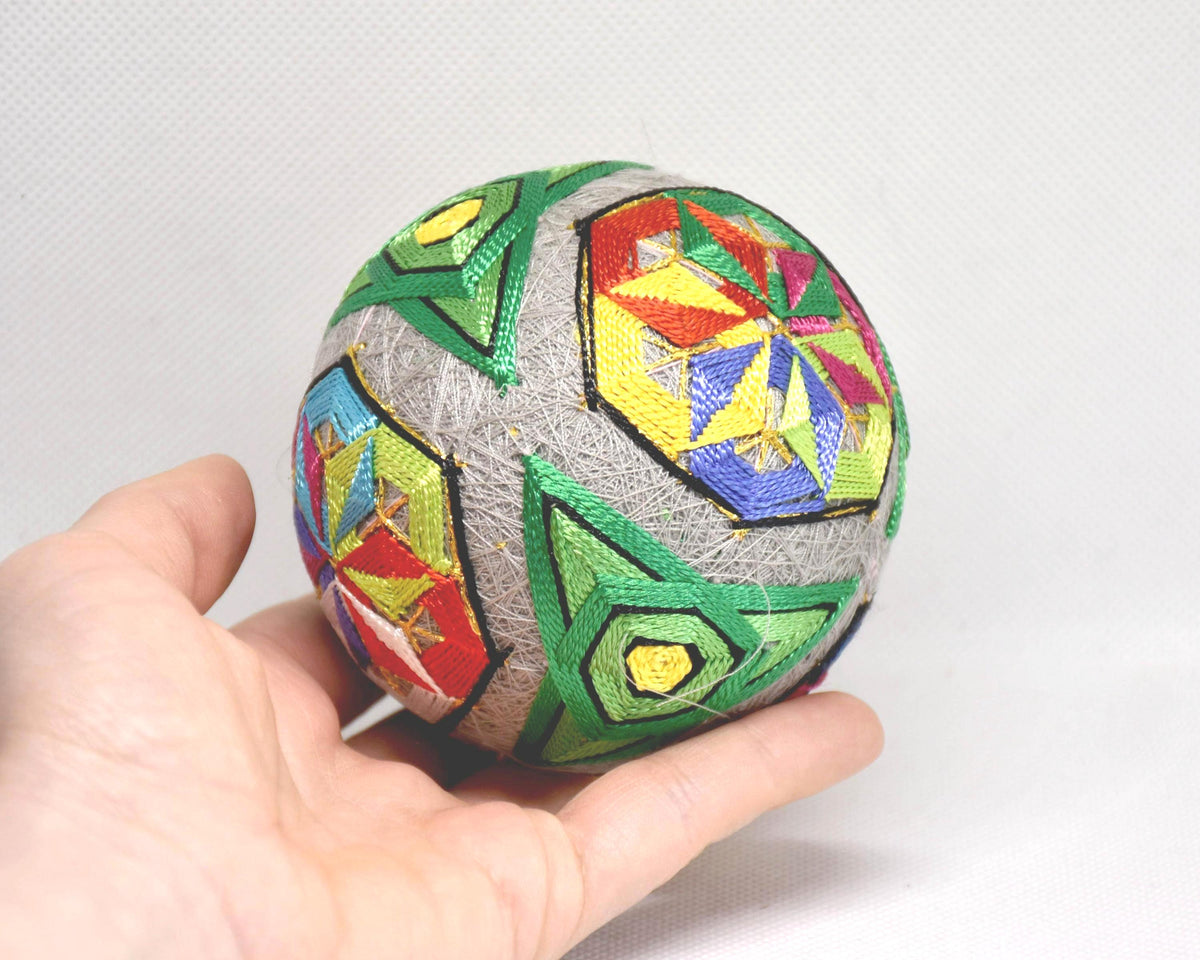 Hand-Embroidered Japanese Temari Ball Folk Art pattern detail showing additional embroidered side