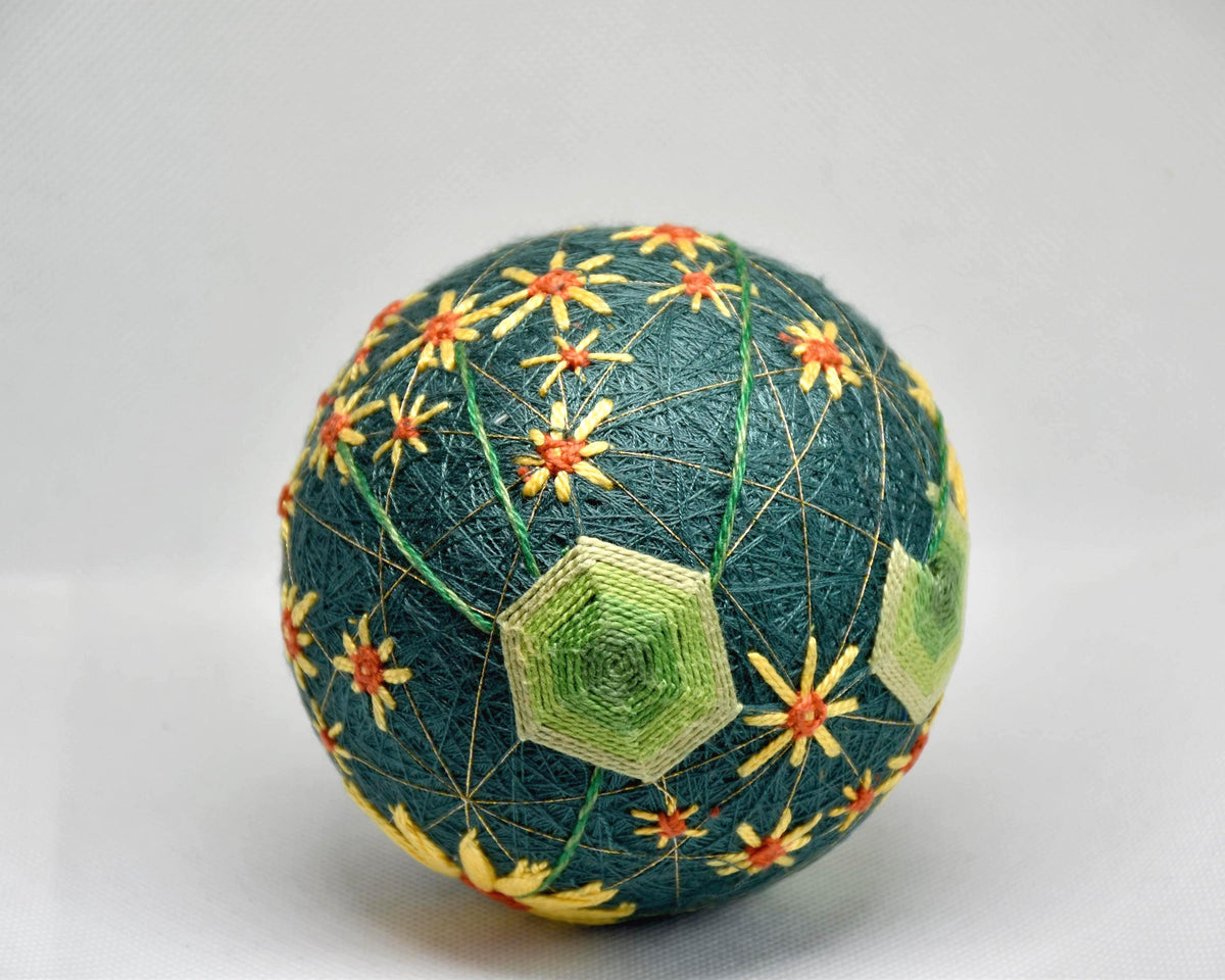 Temari Ball Hand Embroidery traditional folk art showing back view with green geometric stitched pattern