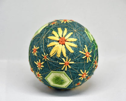 Temari Ball Hand Embroidery traditional Japanese craft showing side view featuring intricate thread details and floral motifs
