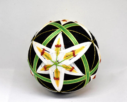 Hand-Embroidered Japanese Temari Ball Folk Art showing alternative angle of pattern