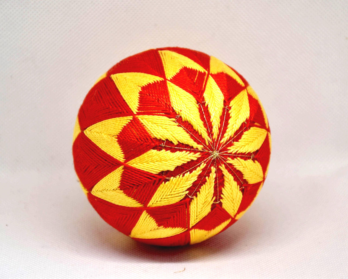 Hand-Embroidered Japanese Temari Ball Folk Art table scatter featuring intricate geometric embroidery