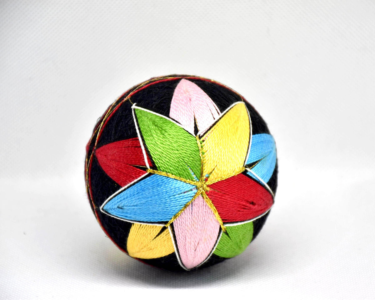 Japanese Temari ball close up of a different embroidered flower motif
