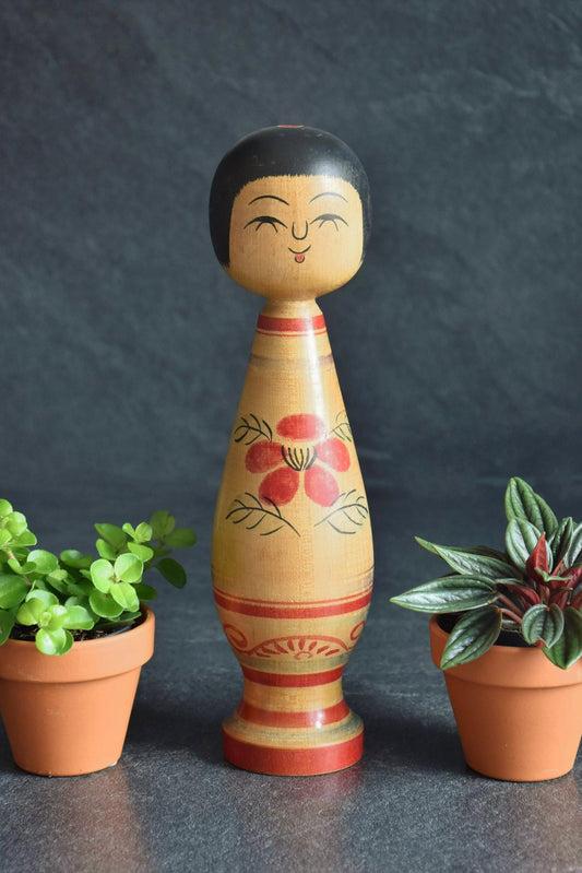 Tsugaru Kokeshi Doll Senzo Mori Botanical Motifs