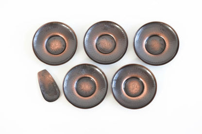 Shochikubai Hammered Copper Chataku Tea Set top down layout of five engraved copper saucers and a scoop