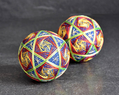 Hand-Embroidered Japanese Temari Ball Pair acting as colorful vintage table scatters