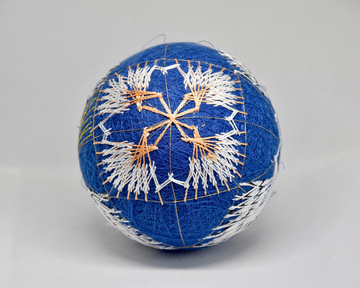 Hand-Embroidered Japanese Temari Ball Folk Art showing top view of the embroidered geometric pattern