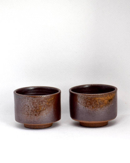 Tanba-yaki sake cups brown glaze set front view showcasing the natural ceramic textures