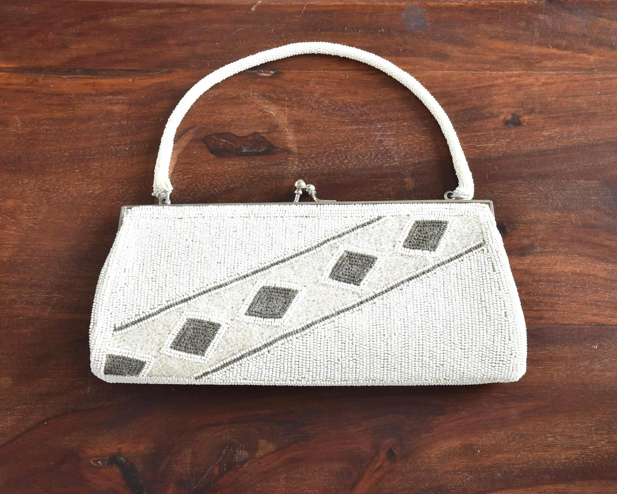 Japanese Floral Beaded Clutch White Beige Grey bag with delicate glass seed beads and metal frame
