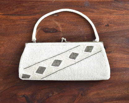 Japanese Floral Beaded Clutch White Beige Grey bag with delicate glass seed beads and metal frame