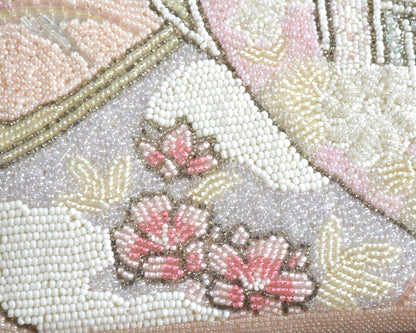 Japanese beaded clutch pattern detail of the pink floral glass seed beads