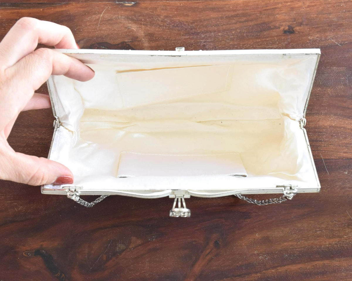 Japanese Beaded Clutch White Rose Glass Seed Bead Bag interior view with cream lining and slip pockets
