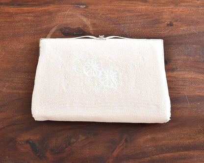 Japanese Beaded Clutch White Rose Glass Seed Bead Bag back side with subtle floral beaded pattern