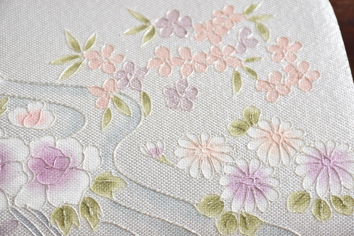 Japanese Floral Clutch With Raised Metallic Cord Detail close up showing raised metallic cord and pastel blossoms