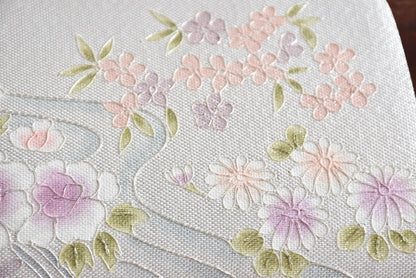 Japanese Floral Clutch With Raised Metallic Cord Detail close up showing raised metallic cord and pastel blossoms
