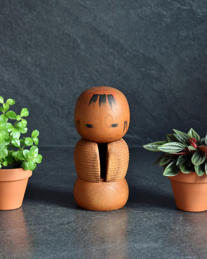Aida Seihou Creative Kokeshi Michinoku Snow Country wooden doll centered between small potted plants