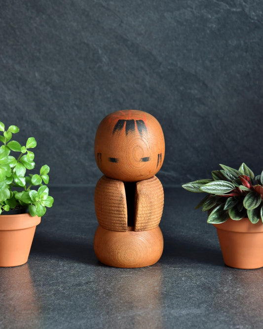Aida Seihou Creative Kokeshi Michinoku Snow Country wooden doll centered between small potted plants