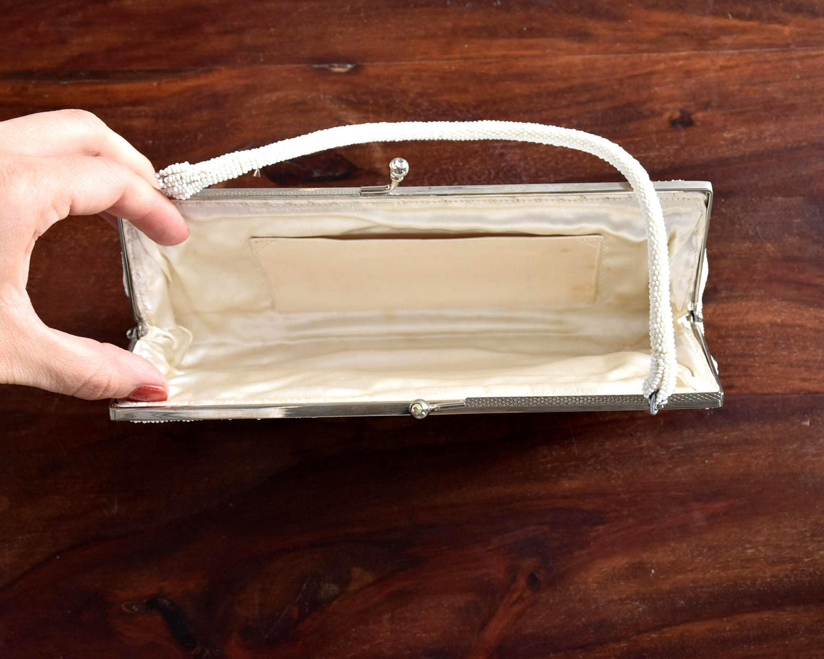 Japanese Floral Beaded Clutch White Beige Grey interior featuring light beige fabric and slip pocket