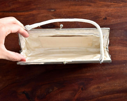 Japanese Floral Beaded Clutch White Beige Grey interior featuring light beige fabric and slip pocket