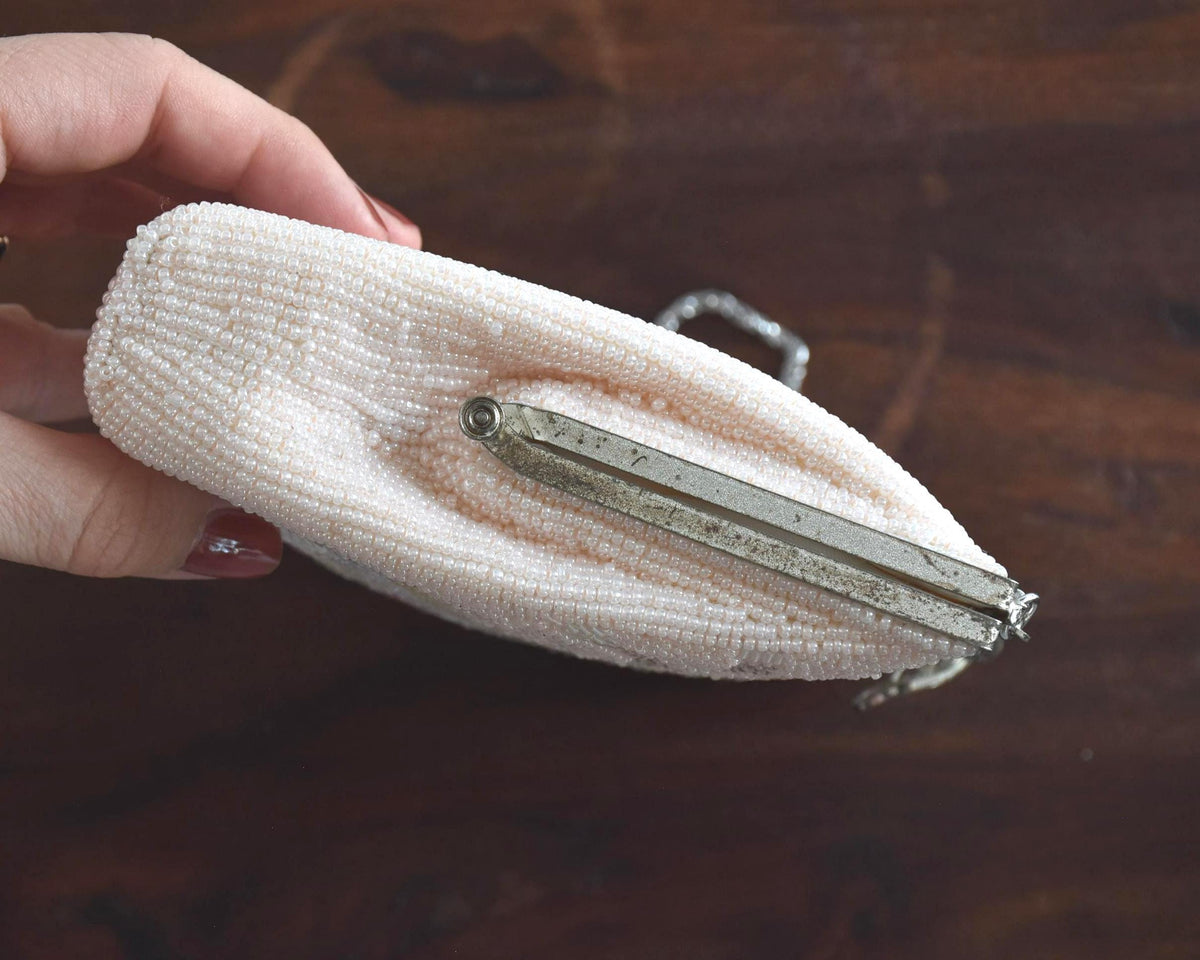 Japanese beaded clutch side profile showing the narrow depth and metal frame