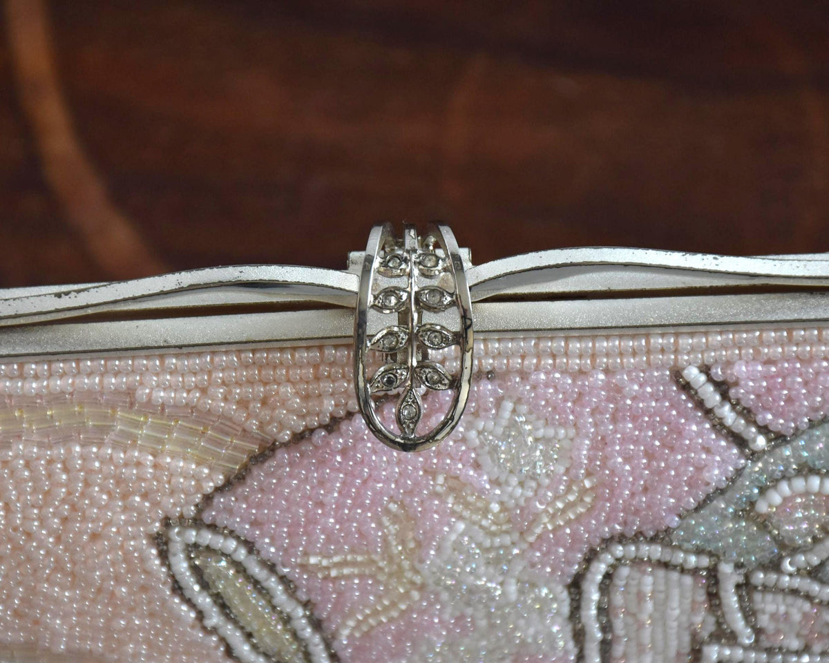 Japanese Beaded Clutch White Rose Glass Seed Bead Bag showing the detailed metal clasp design