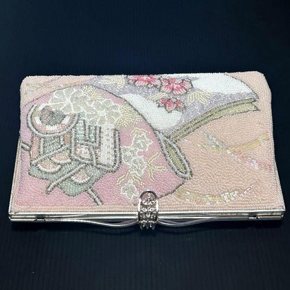 Japanese beaded clutch flat top down view of white rose patterned side