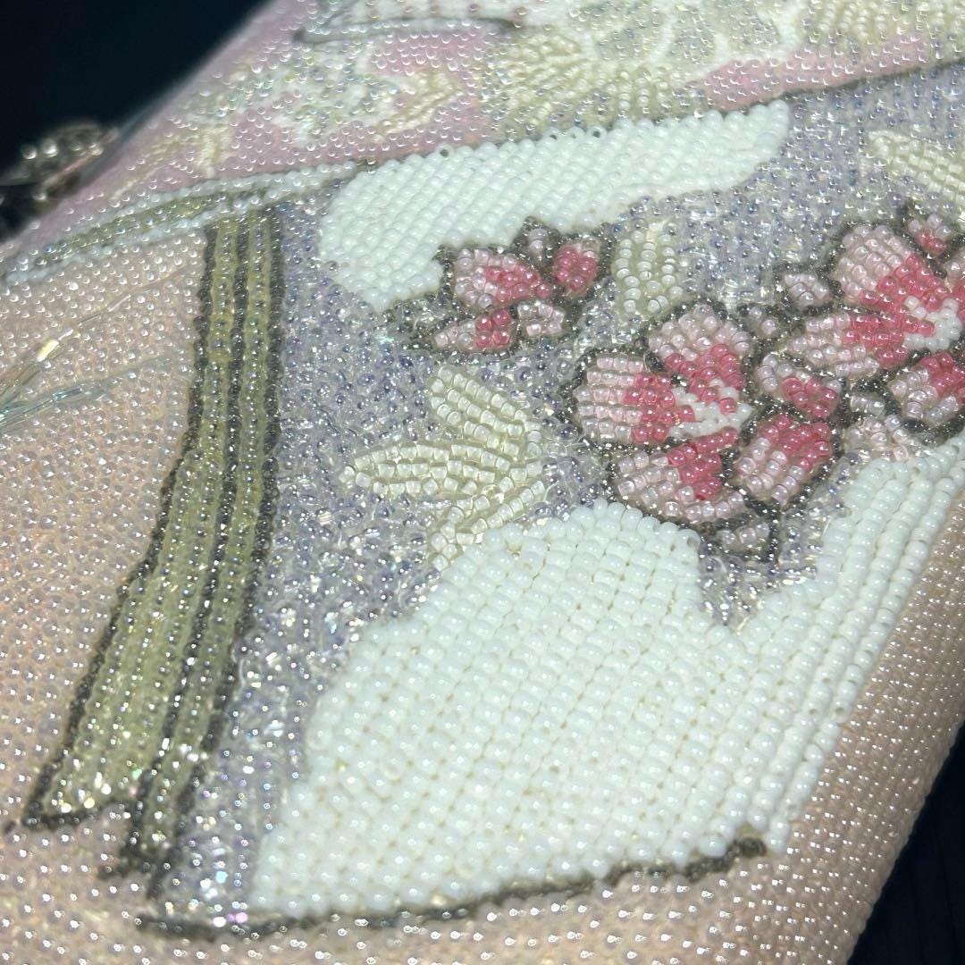 Japanese Beaded Clutch White Rose Glass Seed Bead Bag close up of floral and architectural beadwork