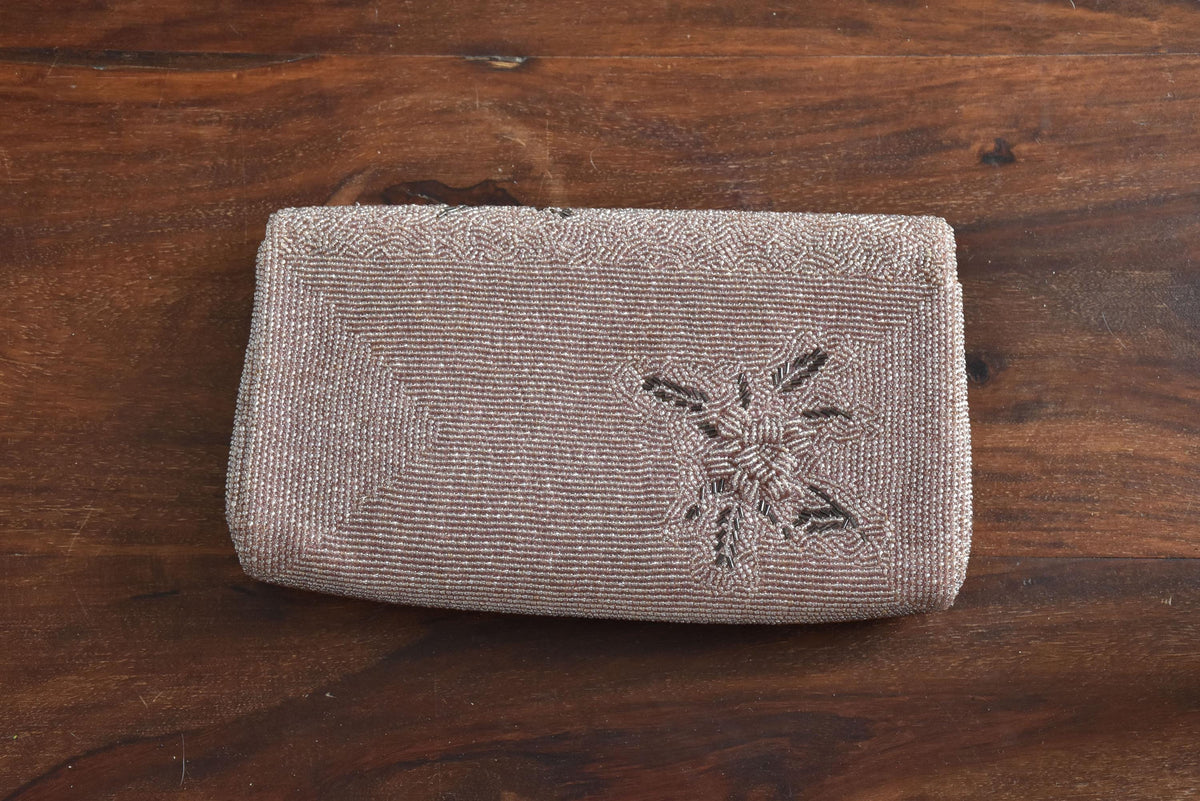 Japanese Floral Beaded Clutch In Lavender back view showing the smooth beaded exterior