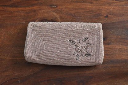 Japanese Floral Beaded Clutch In Lavender back view showing the smooth beaded exterior