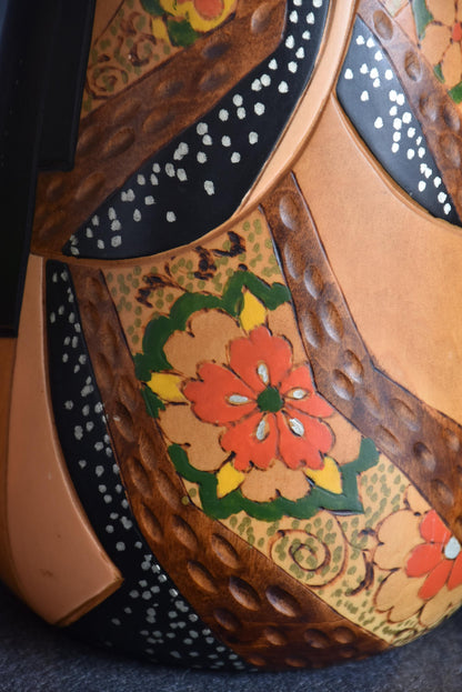 Detailed close-up of colorful painted floral pattern on Ishimura Sosaku kokeshi kimono