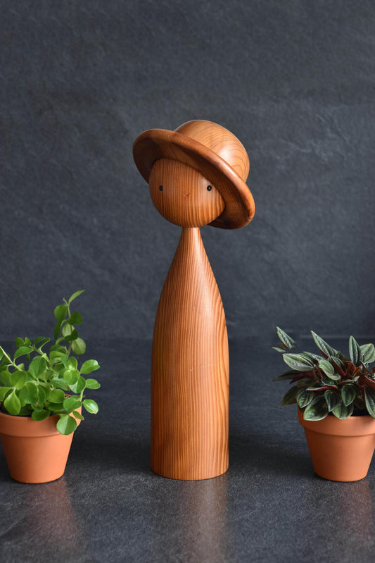 Sosaku Kokeshi Doll With Sun Hat In Yakusugi Cedar Wood