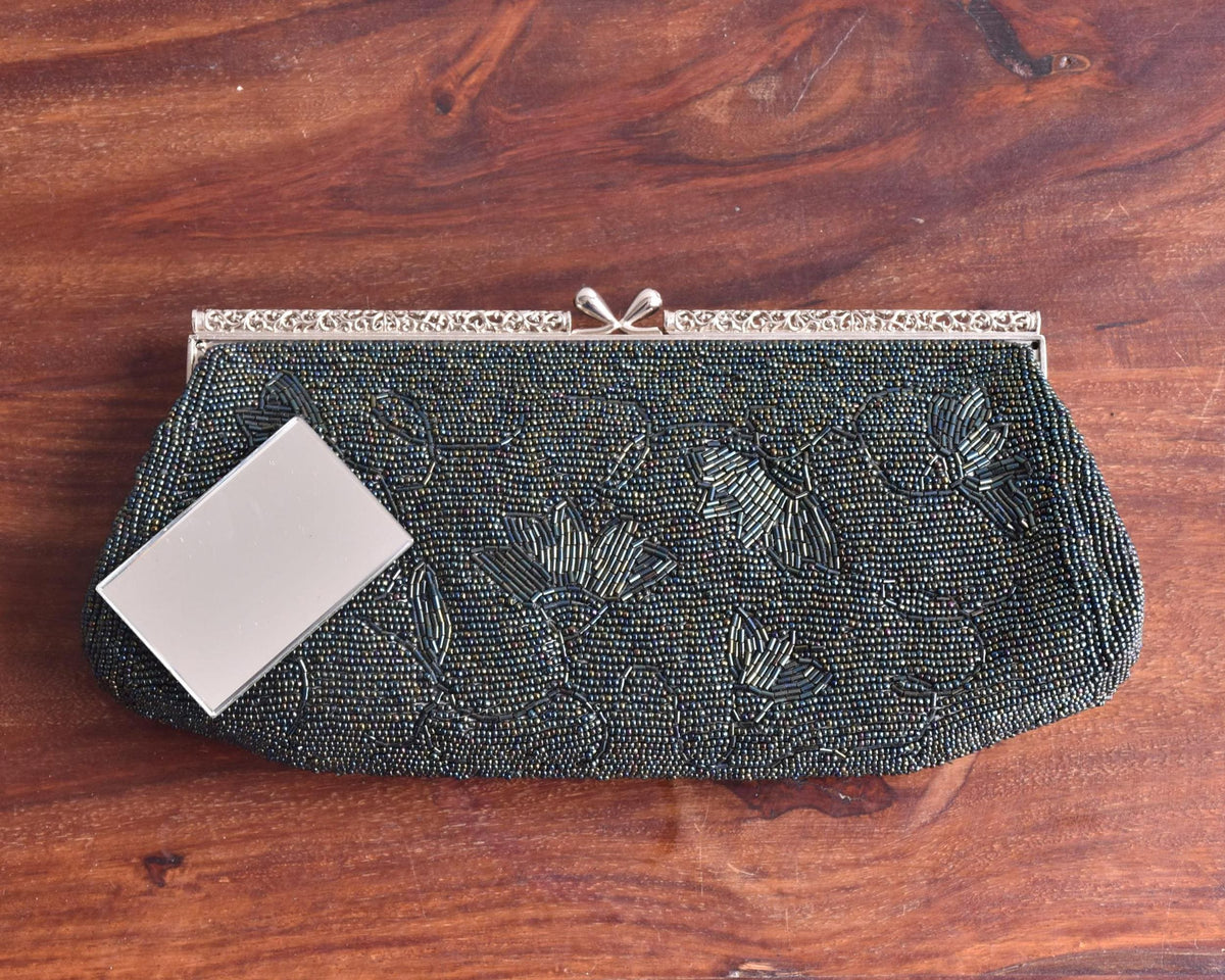 Japanese Beaded Clutch Floral Grey Glass Pearl Handbag with included small mirror