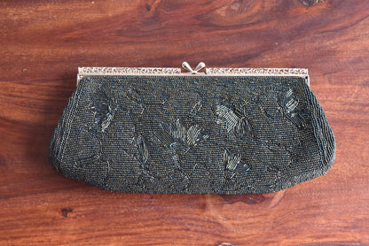 Japanese Beaded Clutch Floral Grey Glass Pearl Handbag front view
