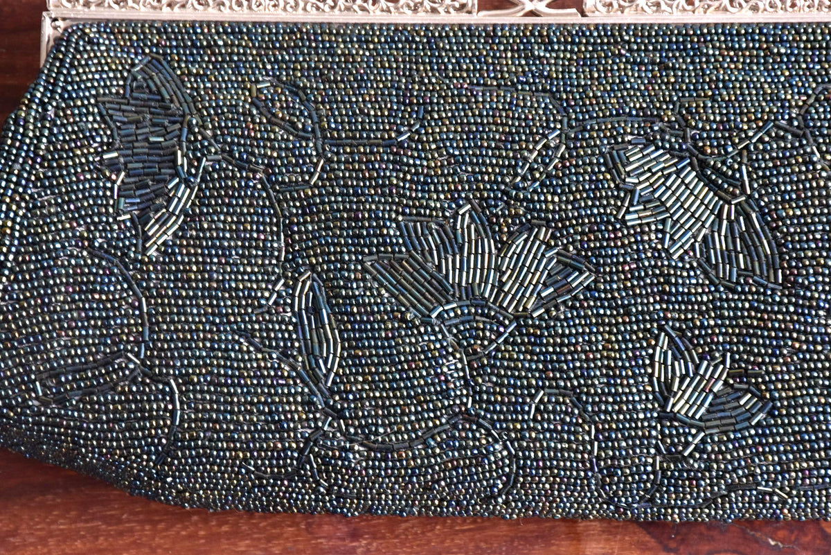 Japanese Beaded Clutch Floral Grey Glass Pearl Handbag close-up of beaded floral pattern