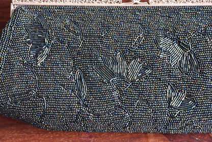 Japanese Beaded Clutch Floral Grey Glass Pearl Handbag close-up of beaded floral pattern