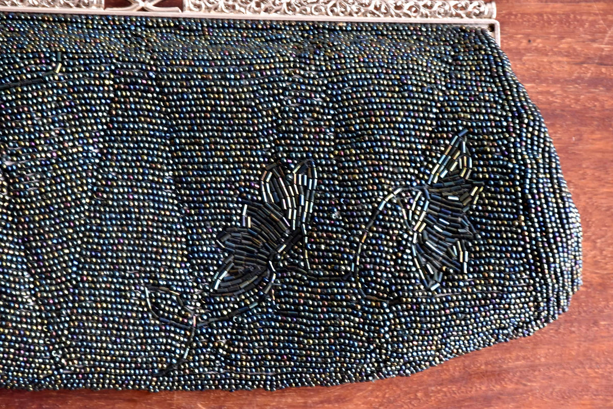 Japanese Beaded Clutch Floral Grey Glass Pearl Handbag detail of back beadwork