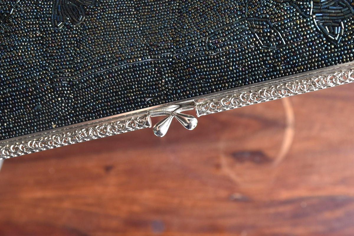 Japanese Beaded Clutch Floral Grey Glass Pearl Handbag close-up of metal frame and clasp