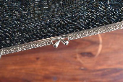 Japanese Beaded Clutch Floral Grey Glass Pearl Handbag close-up of metal frame and clasp