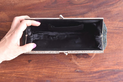 Japanese Beaded Clutch Floral Grey Glass Pearl Handbag open showing black interior lining