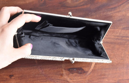 Japanese Beaded Clutch Floral Grey Glass Pearl Handbag interior view with slip pocket