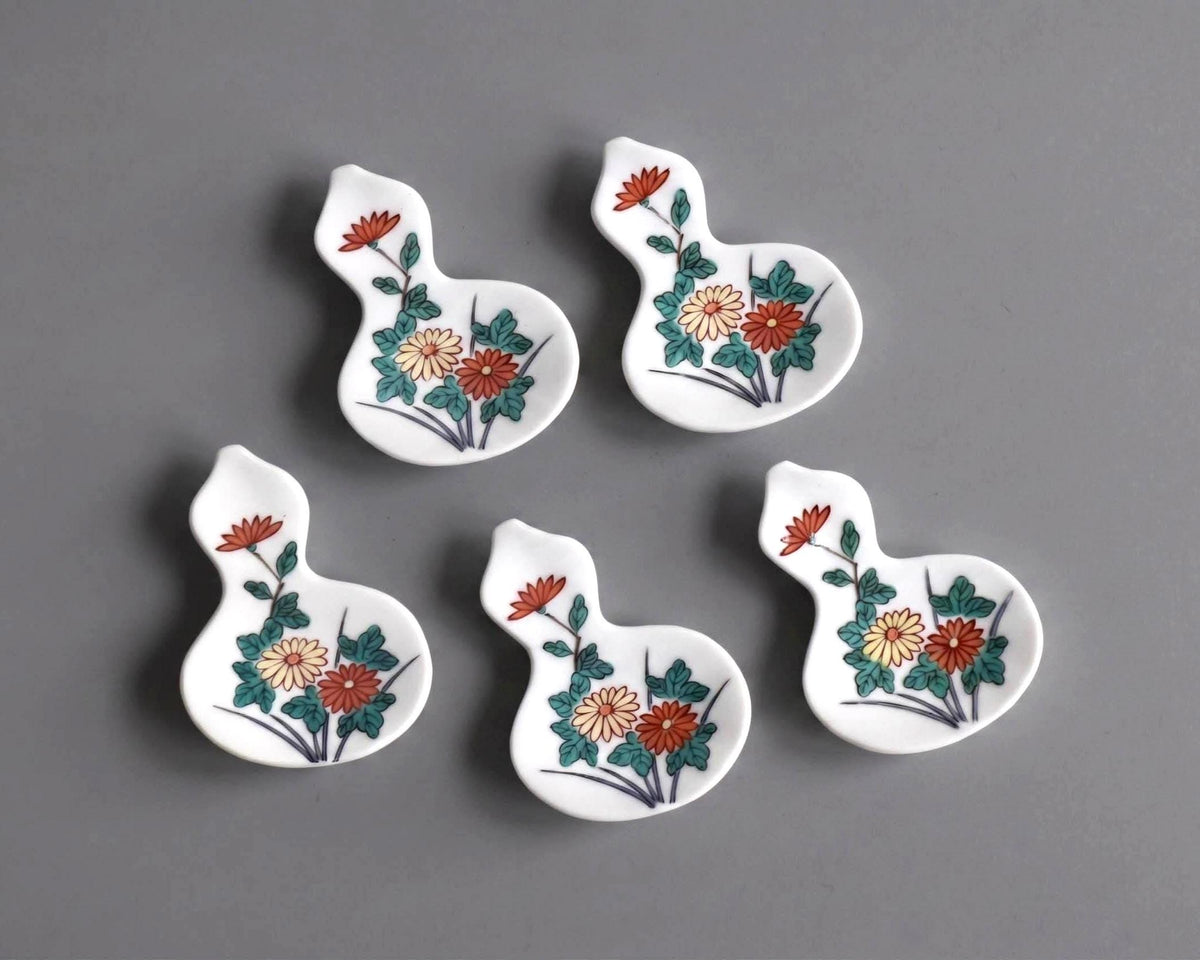 Floral Gourd Porcelain Chopstick Rest Set of five hand-painted Japanese pieces