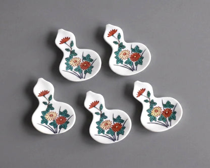 Floral Gourd Porcelain Chopstick Rest Set of five hand-painted Japanese pieces