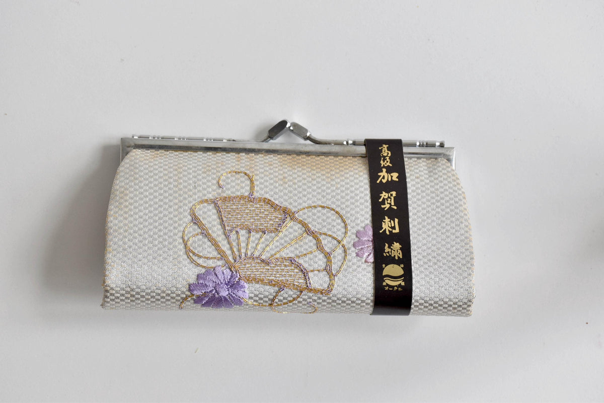 Kaga Embroidery Silk Clutch Purse With Silver Kiss-Lock front view with paper label